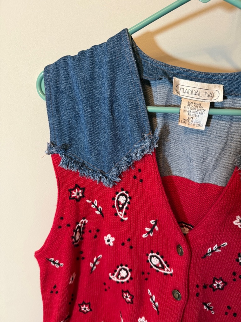 Red Paisley Knit Vest with Denim Collar by Mandal Bay - Picture 3 of 6